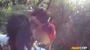 Bad Lands Threesome Sex With Two Big Pairs of Tits Outdoor Blowjob FakeCop