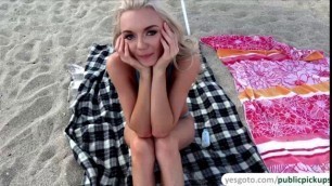 Busty blonde babe Molly Mae fucks in the beach for cash